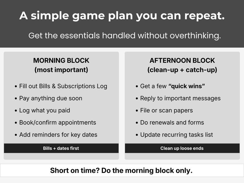 May include: A simple game plan graphic with text in a dark gray background. The text includes "MORNING BLOCK" and "AFTERNOON BLOCK" with lists of tasks. The bottom text reads "Short on time? Do the morning block only."