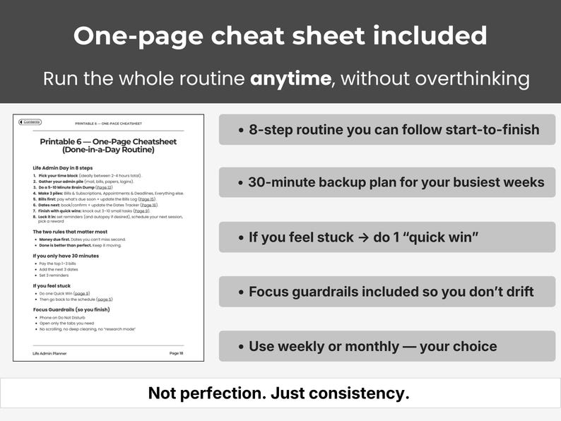 May include: A printable one-page cheat sheet with an 8-step routine, a 30-minute backup plan, and focus guardrails. The text includes "Run the whole routine anytime, without overthinking" and "Not perfection. Just consistency."