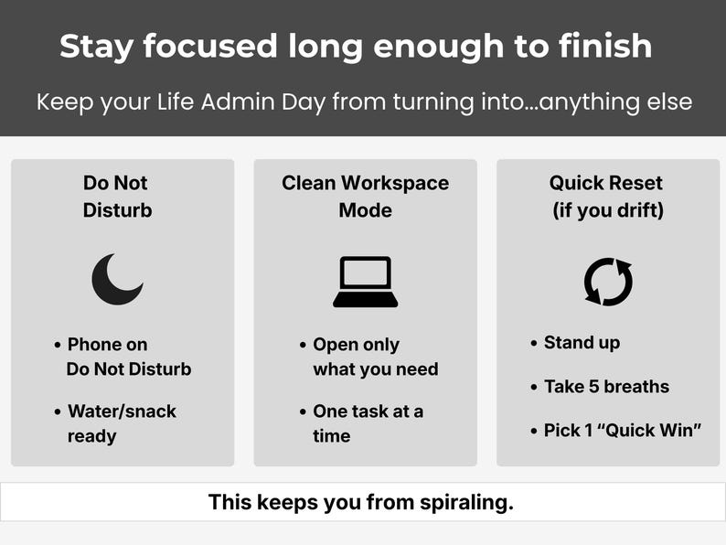 May include: An infographic with text and icons offering productivity tips. The title reads "Stay focused long enough to finish." Sections include "Do Not Disturb," "Clean Workspace Mode," and "Quick Reset." The bottom text says, "This keeps you from spiraling."