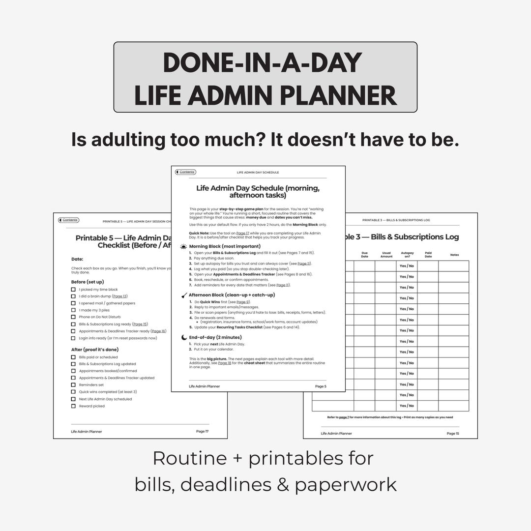 Done-in-a-day Life Admin Planner — Printable Checklist + Bills ...