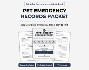 Pet Emergency Records Packet Printable, Pet Emergency Binder, Vet Contacts, Medication Record, Supply Checklist