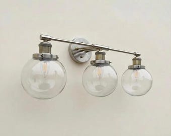 Brushed Chrome Vanity Light Fixture: 3 Clear Glass Globe Brass Wall Sconce Lighting Fixtures