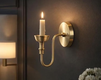 Vintage Brass Wall Candle Sconce: Wall Mounted Candle Holder Mid-Century Modern Decor