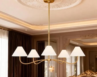 Brass Sputnik Chandelier: Mid-Century Fabric Shade, Dining Lighting