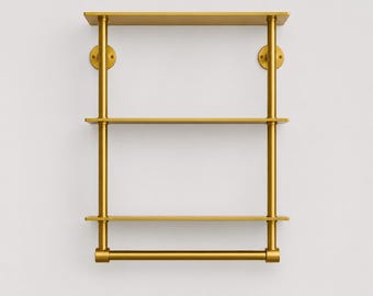 Brass Rack with 3 Tier Shelf for Wall Mount Towel Holder | Handmade Solid Brass Storage Rack with Towel Bar | Luxury Wall Mounted Organizer