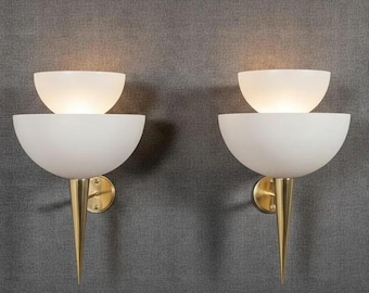 Brass And White Dual Shade Wall Sconce Light Fixture: Mid Century Sconce Lighting Fixtures