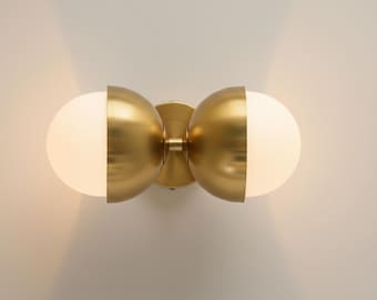 Vanity Light Fixture: 2 Milk Glass Globe With 2 Brass Bowl Wall Sconce Lighting Fixtures