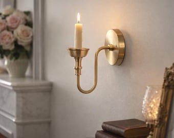 Halloween Decor Brass Curved Arm Candle Sconce: Mid-Century Piller Candle Holder Sconce Wall Light Fixtures - Candlestick Sconce