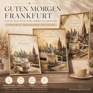 Könnte beinhalten: Drei gerahmte Poster mit der Frankfurter Skyline und Kaffeetassen sowie dem Text Guten Morgen Frankfurt. Die Kunstwerke zeigen Stadtansichten mit dem Dom und Kaffeetassen in verschiedenen künstlerischen Stilen, darunter geometrische Designs.