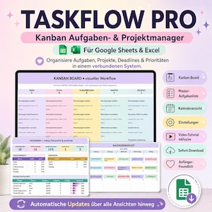Könnte beinhalten: Taskflow Pro digitales Projektmanagement-Tool für Google Sheets und Excel. Enthält ein Kanban-Board, ein Dashboard zur Fortschrittskontrolle und eine Kalenderansicht. Bietet automatische Updates über alle Ansichten hinweg sowie Aufgabenverwaltung.