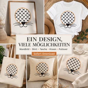 Könnte beinhalten: Ein weißes T-Shirt, eine beige Tragetasche, ein beiges Kissen und ein beiger Pullover, jeweils mit einem kreisförmigen Muster aus kleinen schwarzen Katzen, einer schwarzen herzförmigen Nase und schwarzen Schnurrhaaren sowie einem Druck.