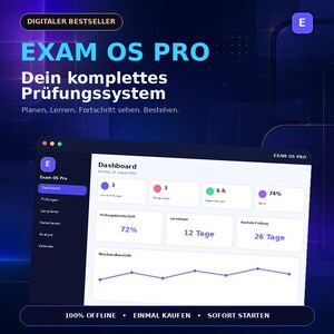 Könnte beinhalten: Eine digitale Dashboard-Oberfläche mit dem Titel EXAM OS PRO auf dunkelblauem Hintergrund. Der Bildschirm zeigt Metriken wie aktive Prüfungen, Lernzeit, Fortschrittsprozente und eine Wochenübersicht mit dem Text Planen. Lernen. Fortschritt sehen. Bestehen.