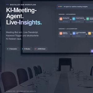 Könnte beinhalten: Ein digitales Workflow-Diagramm mit dem Titel KI-Meeting-Agent. Live-Insights. auf einer dunklen Oberfläche mit zwei Szenarien, 19 Knoten und einer JSON-Datei. Die Grafik zeigt einen KI-Agenten für Echtzeit-Meeting-Einblicke.