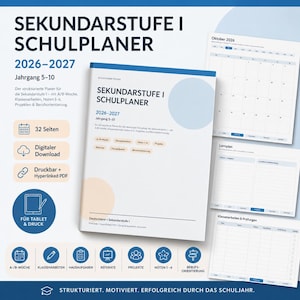May include: A digital school planner for grades 5-10 for the 2026-2027 academic year, titled SEKUNDARSTUFE I SCHULPLANER. The planner features a white cover with blue and peach circles, including sections for A/B weeks, grades 1-6, and projects.