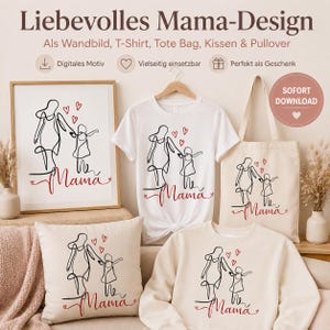May include: A collection of items featuring a black line art illustration of a parent and child holding hands with red hearts and the word Mama in red script. Items include a framed print, a white t-shirt, a tote bag, a pillow, and a sweatshirt.