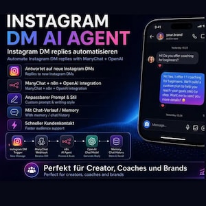 Könnte beinhalten: Eine digitale Grafik für einen Instagram DM KI-Agenten-Service. Das Bild zeigt ein Smartphone mit einer Chat-Oberfläche für automatisierte Antworten sowie eine Liste technischer Funktionen wie ManyChat, n8n und OpenAI-Integration.
