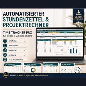 Könnte beinhalten: Ein digitaler Download für einen automatisierten Stundenzettel und Projektrechner für Excel und Google Sheets. Das Bild zeigt einen Laptop-Bildschirm mit einem Dashboard, das Datentabellen, Diagramme und Projektkennzahlen sowie Symbole für Zeiterfassung, Projektbudgets, Abrechnung und Auslastung enthält.