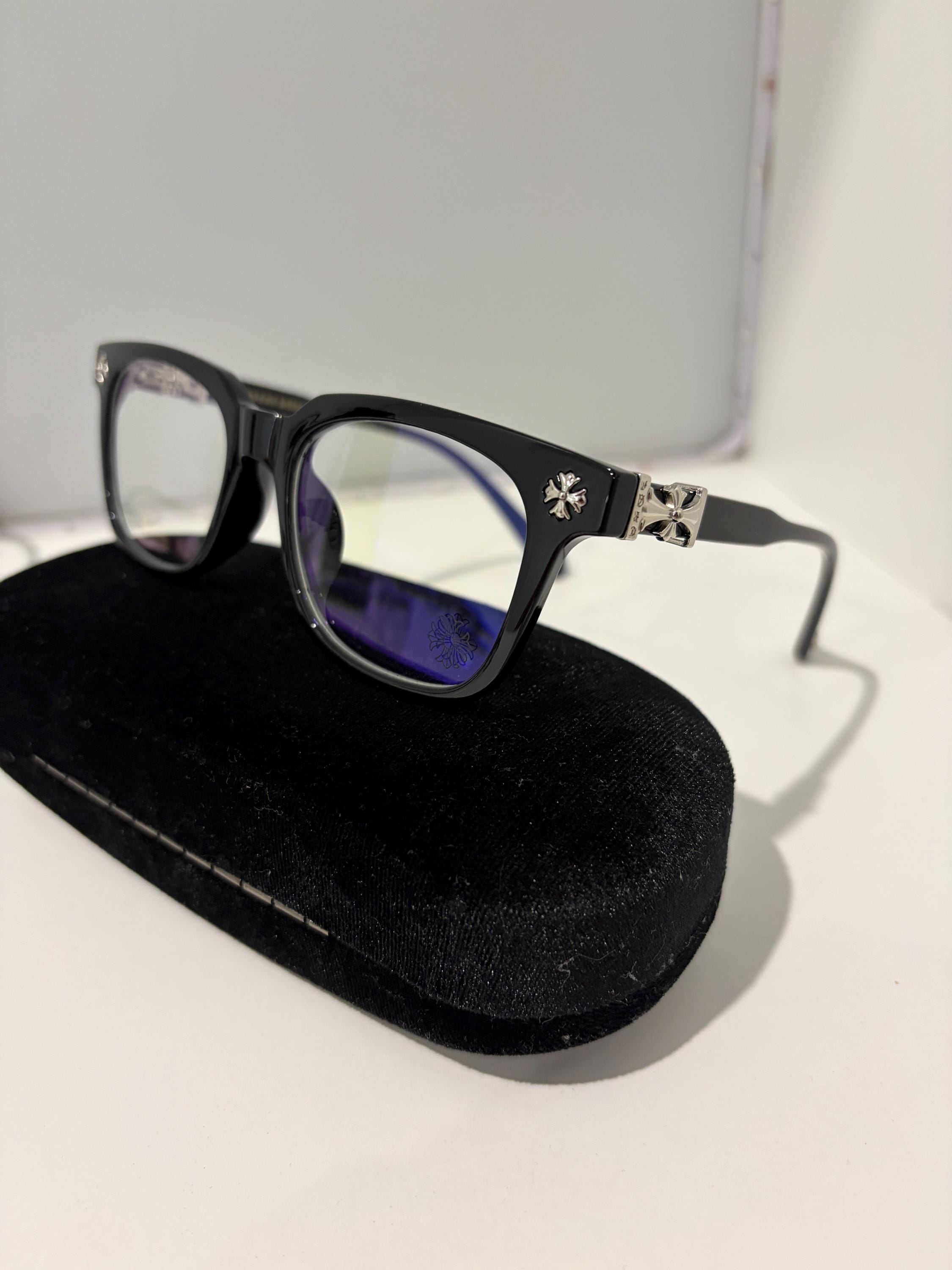 Black and Silver Chromeheart Cross and Flower Glasses (W/ BLUE