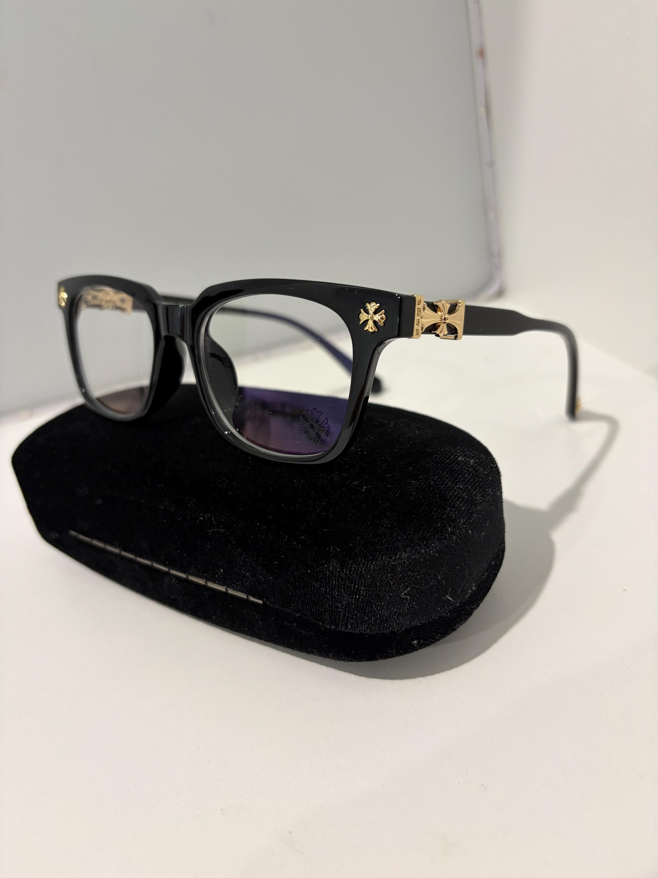 Black/gold Chromeheart Cross and Flower Glasses (WITH BLUE  display picture 1