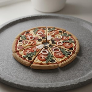 Puede incluir: Una pizza tejida a ganchillo cortada en ocho porciones, dispuesta sobre un plato gris. La pizza presenta rodajas de tomate rojo, aceitunas negras, cebollas blancas y hierbas verdes. La corteza es de color marrón claro.