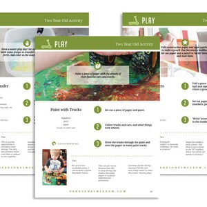 May include: Four printable activity cards for two-year-olds. Each card features a different activity, including water transfer, painting with trucks, mail time, and a play dough activity. The cards are green and white with a playful design.