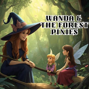 Op de afbeelding: Illustratie van een vrouw in een blauwe heksenhoed met vlinders, zittend met twee pixies in een bosrijke omgeving. De tekst "WANDA & THE FOREST PIXIES" staat in het wit. De pixies hebben vleugels en dragen kleurrijke outfits.