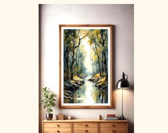 Watercolor Forest Wall Art Printable, Green Nature Landscape Print, Calm Bedroom Decor, Minimalist  Art, Instant Download