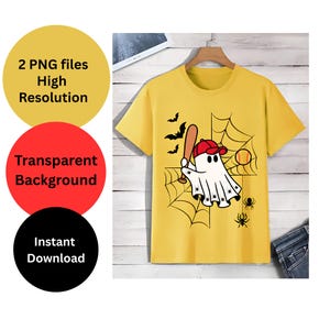 May include: A yellow short-sleeve t-shirt featuring a graphic of a white ghost wearing a red baseball cap, holding a brown bat, and standing in front of a spider web. The design includes black bats, a yellow softball, and two black spiders.