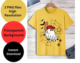 May include: A yellow short-sleeved t-shirt featuring a graphic of a white ghost wearing a red baseball cap, holding a brown bat, and standing in front of a spider web. The design includes black bats, a yellow softball, and two black spiders.