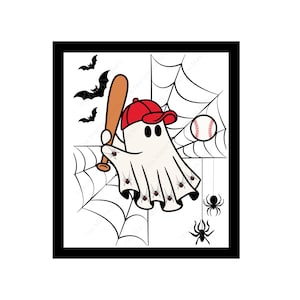 May include: A cartoon ghost wearing a red baseball cap and holding a baseball bat. The ghost is surrounded by a spider web, spiders, and bats, with a baseball in the background. The image is framed in black.