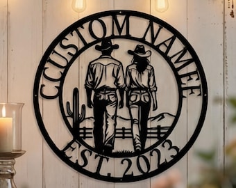 Targa personalizzata in metallo con i nomi di cowboy e cowgirl, decorazione in stile ranch western, regalo di anniversario personalizzato per coppie, decorazione unica per esterni e giardino.