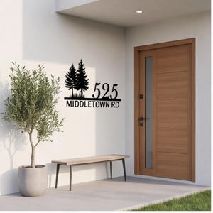 Plaque d'adresse en métal personnalisée, numéro de rue personnalisé en forme de pin, décoration d'entrée de maison de ferme, plaque de nom de rue, maison au bord d'un lac