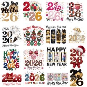 以下が含まれることがあります： 新年2026年のための、お祝いのデジタルデザインのコレクション。画像には、グリッター、ニットテクスチャ、サンタ帽、リボン、ディスコボールなどのホリデーモチーフなど、さまざまなスタイルが使用されています。「Happy New Year」と「Hello 2026」のテキストが含まれています。
