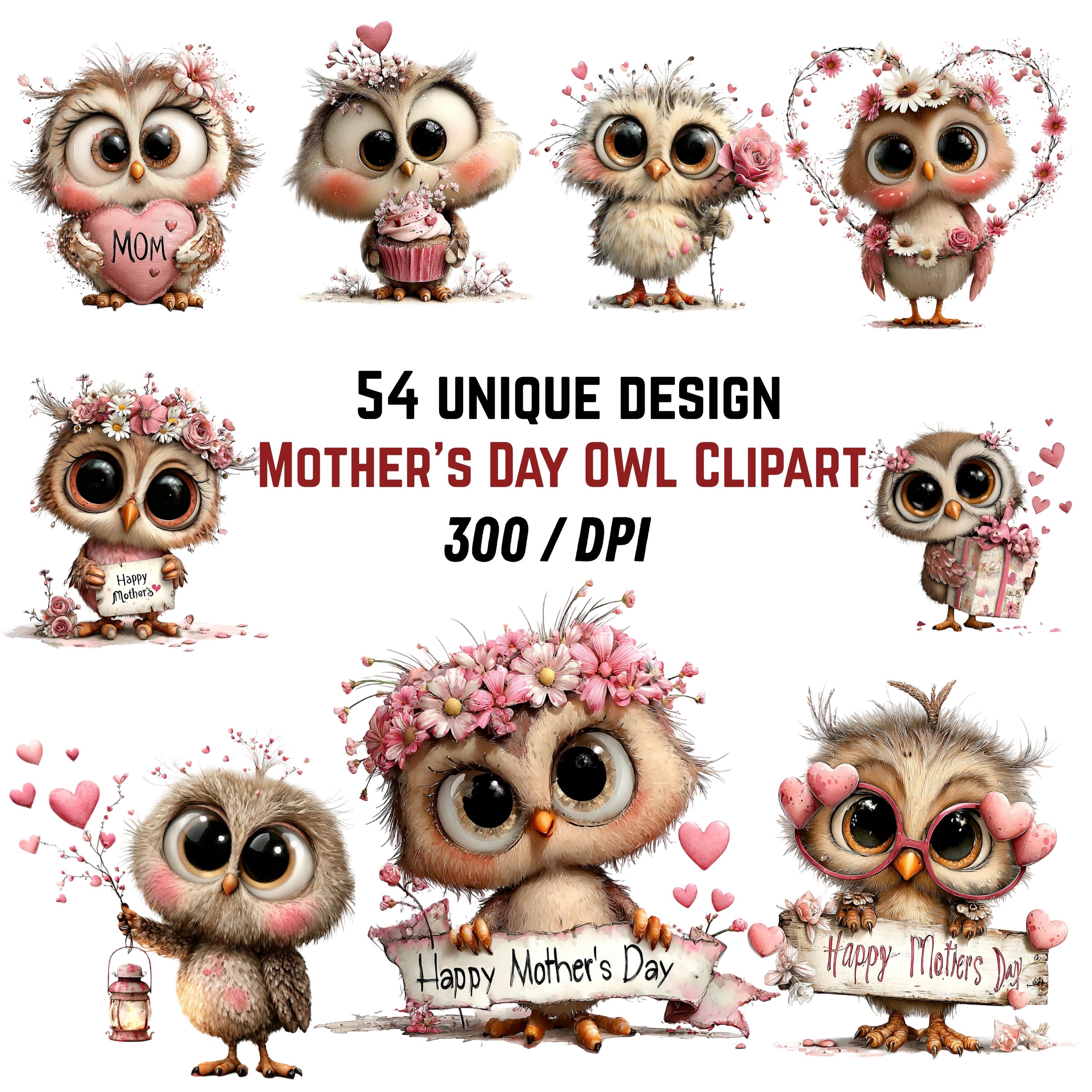 Whimsical Mothers Day Owl Clipart: Floral Gift Illustration Bundle (Digital Download - 54 PNGs)