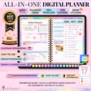 Puede incluir: Planificador digital con tema arcoíris, más de 600 páginas, más de 100 plantillas, 150 cubiertas y 5000 pegatinas. Cuenta con integraciones de calendario, fácil de usar y descarga instantánea. Incluye un diseño de planificador diario.