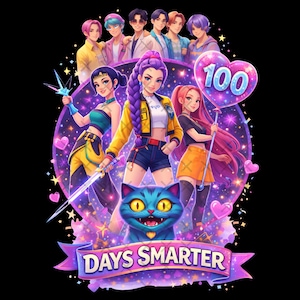 May include: A digital illustration featuring a group of anime-style characters. The image includes a banner that reads "DAYS SMARTER" and a heart-shaped balloon with the number "100". The color palette is vibrant, with shades of purple, yellow, and blue.