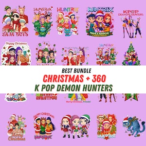 Puede incluir: Una colección de gráficos navideños coloridos con temática K-Pop. Los diseños presentan personajes de dibujos animados con atuendos festivos, con textos como "SAJA BOYS", "HUNTRIX" y "Happy Christmas". La frase "K POP DEMON HUNTERS" también es visible.