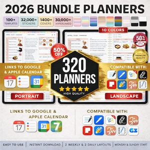 May include: Digital planner bundle for 2026, featuring 320 planners with 100+ templates, 32,000+ stickers, and 1400+ covers. Includes portrait and landscape layouts, compatible with various apps. Offers 10 color options and links to Google & Apple Calendar.