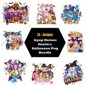 Puede incluir: Una colección de diseños digitales con temática de Halloween con Kpop Demon Hunters. Las imágenes incluyen ilustraciones de personajes con disfraces, calabazas, gatos y el texto "Halloween". El paquete incluye más de 25 diseños.