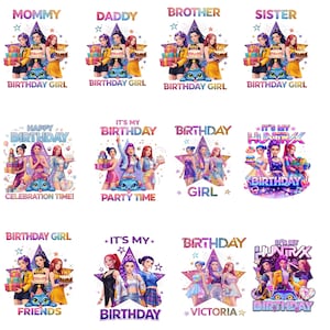 Puede incluir: Una colección de gráficos coloridos con temática de cumpleaños que presentan ilustraciones estilizadas de mujeres con regalos y pasteles. El texto incluye "Mommy", "Daddy", "Brother", "Sister", "Birthday Girl" y "Happy Birthday".