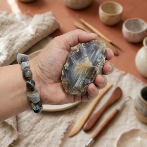Natural Botswana Agate Bracelet, Gray Striped Agate Chunky Gemstone Bracelet, Hematite Accents, Stainless Steel Toggle Clasp