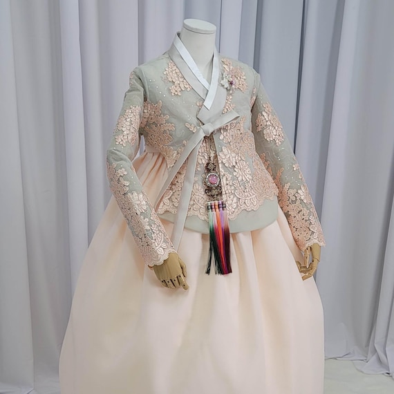 Traditional Korean Woman Hanbok Set Elegant Formal Outfit Lace Light Peach