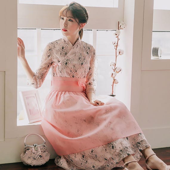 Modern Peach Lace Hanbok Set for Women,Korean Traditional Dress, Sheer Organza Skirt Overlay