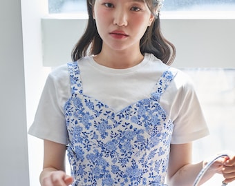 Koreaans Hanbok-geïnspireerd bustiertop met overslag korsetvest blauwe bloem