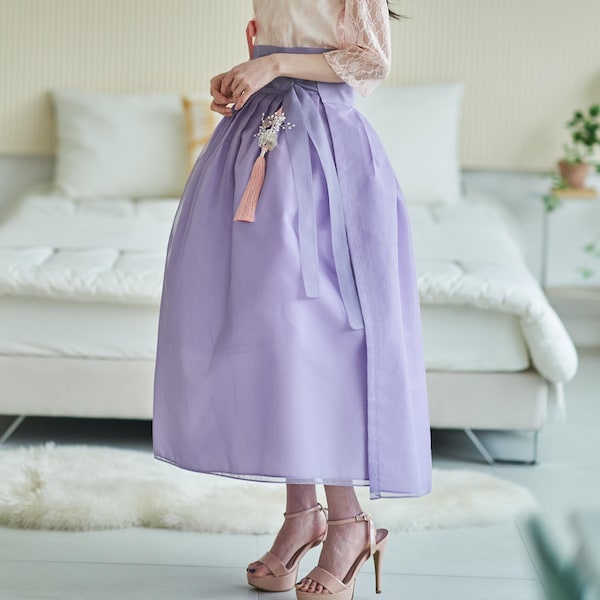 Nowoczesna spódnica hanbok dla kobiet, miękka fioletowa organza chima, elegancka długa spódnica inspirowana stylem koreańskim