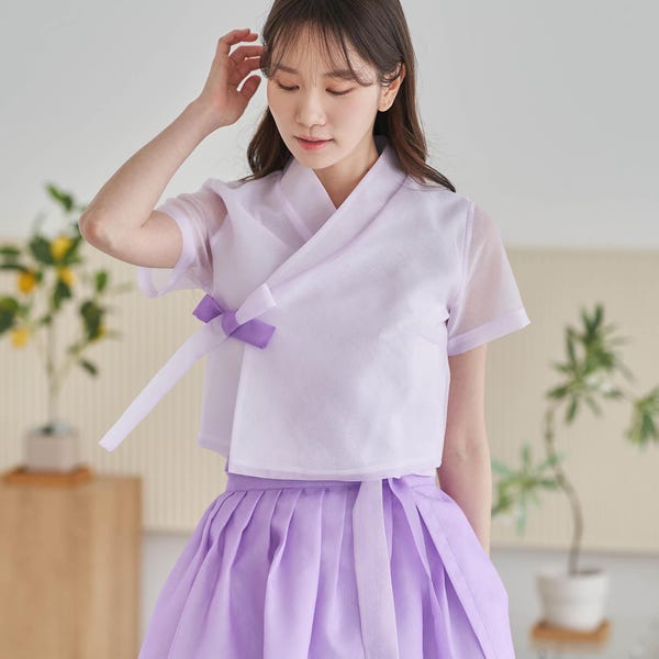 Modern Hanbok Blouse, Lavendar Short Sleeve Solid