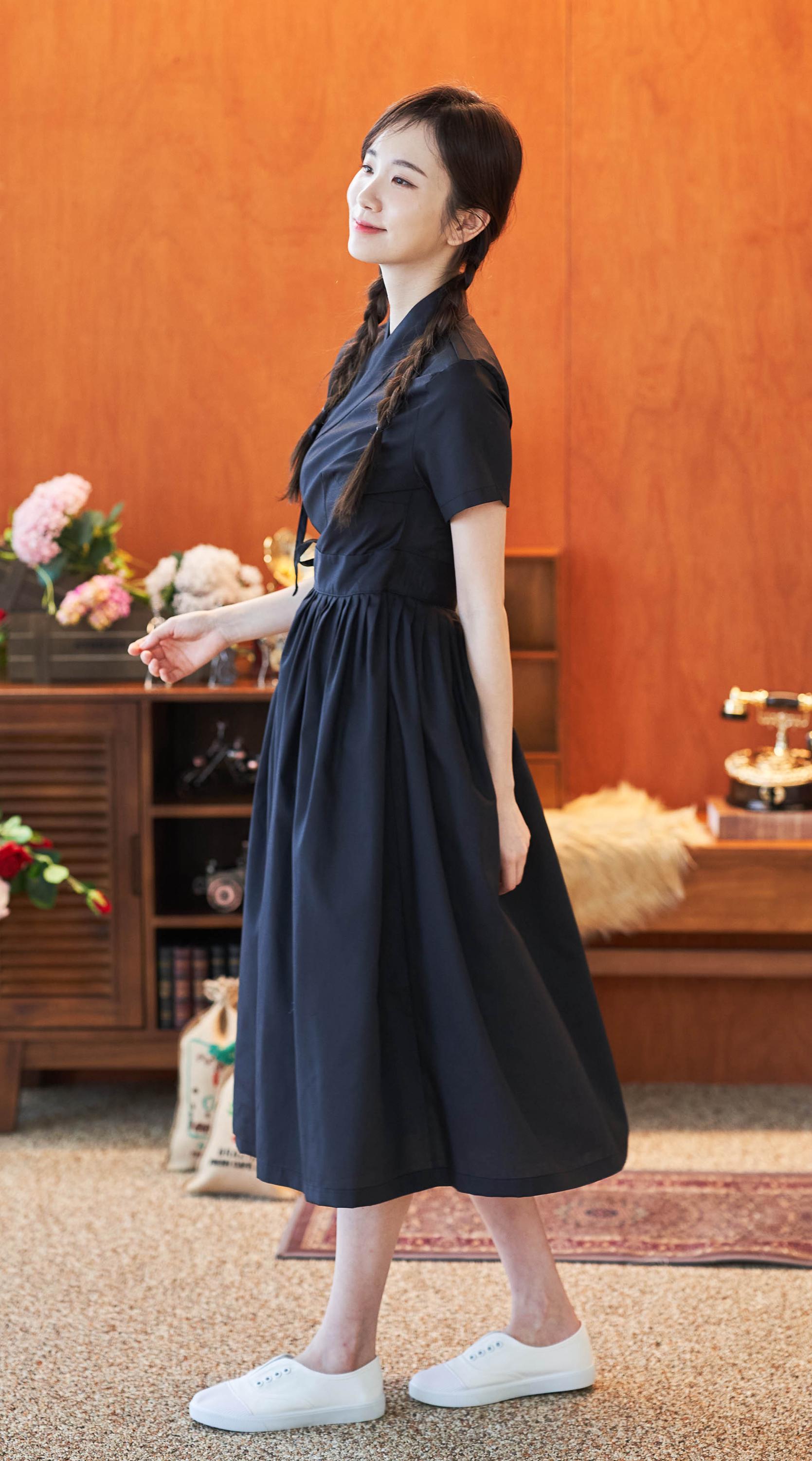 black dress korean style Modern Hanbok for Women,Korean Clothing Solid Single Layer Short dress