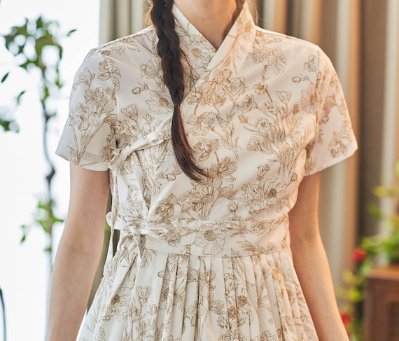 Modern Dress for Women,korean Hanbok Floral 100% Cotton White