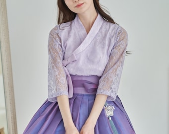 Blusa Hanbok moderna, top cruzado Jeogori color lavanda, blusa de inspiración coreana con mangas de encaje.