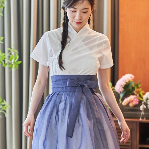 Modern Hanbok Dress for Women,Korean Clothing Solid White Single Layer